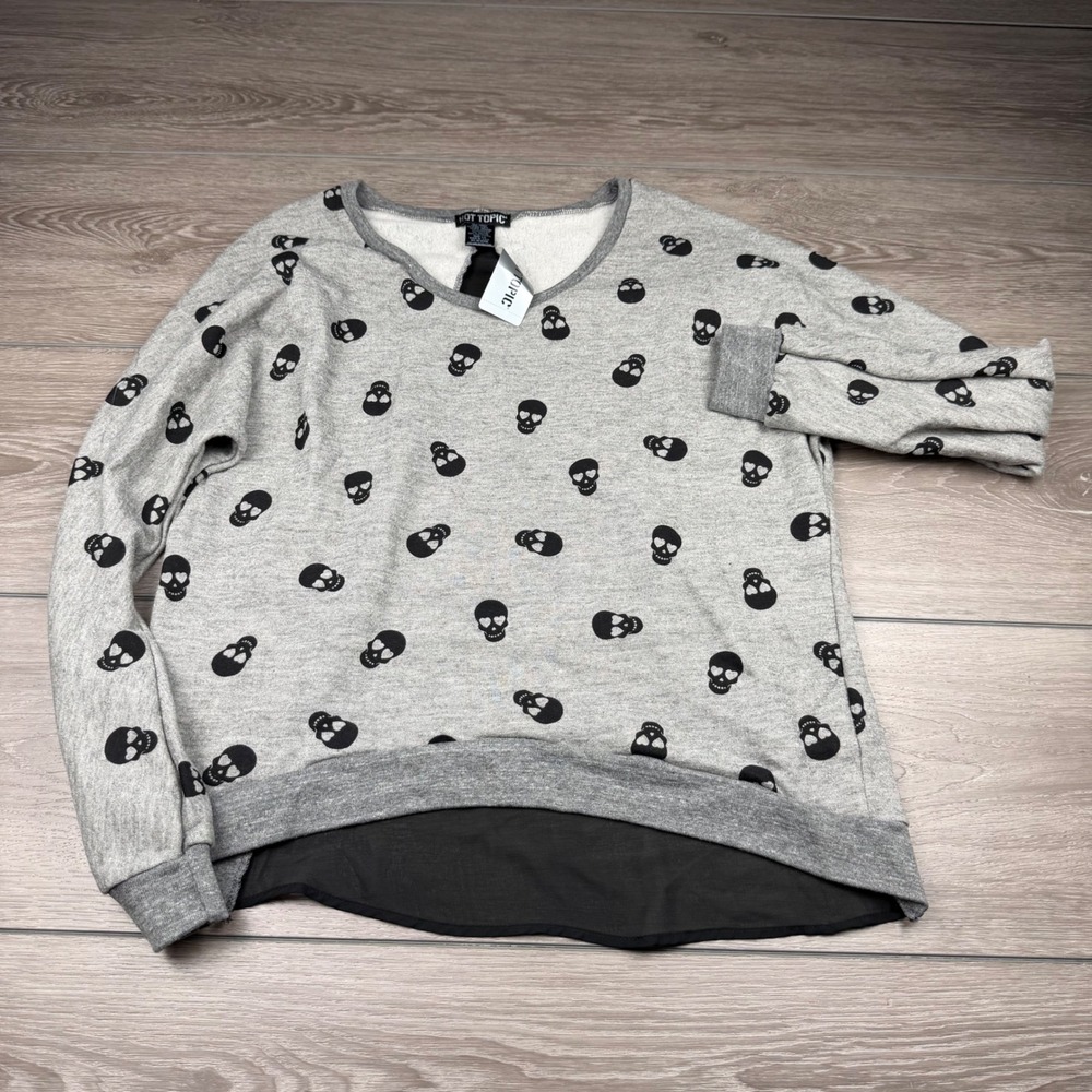 Hot Topic Womens Sweatshirt Skull Print Chiffon Inset Gray Large New - Picture 2 of 8